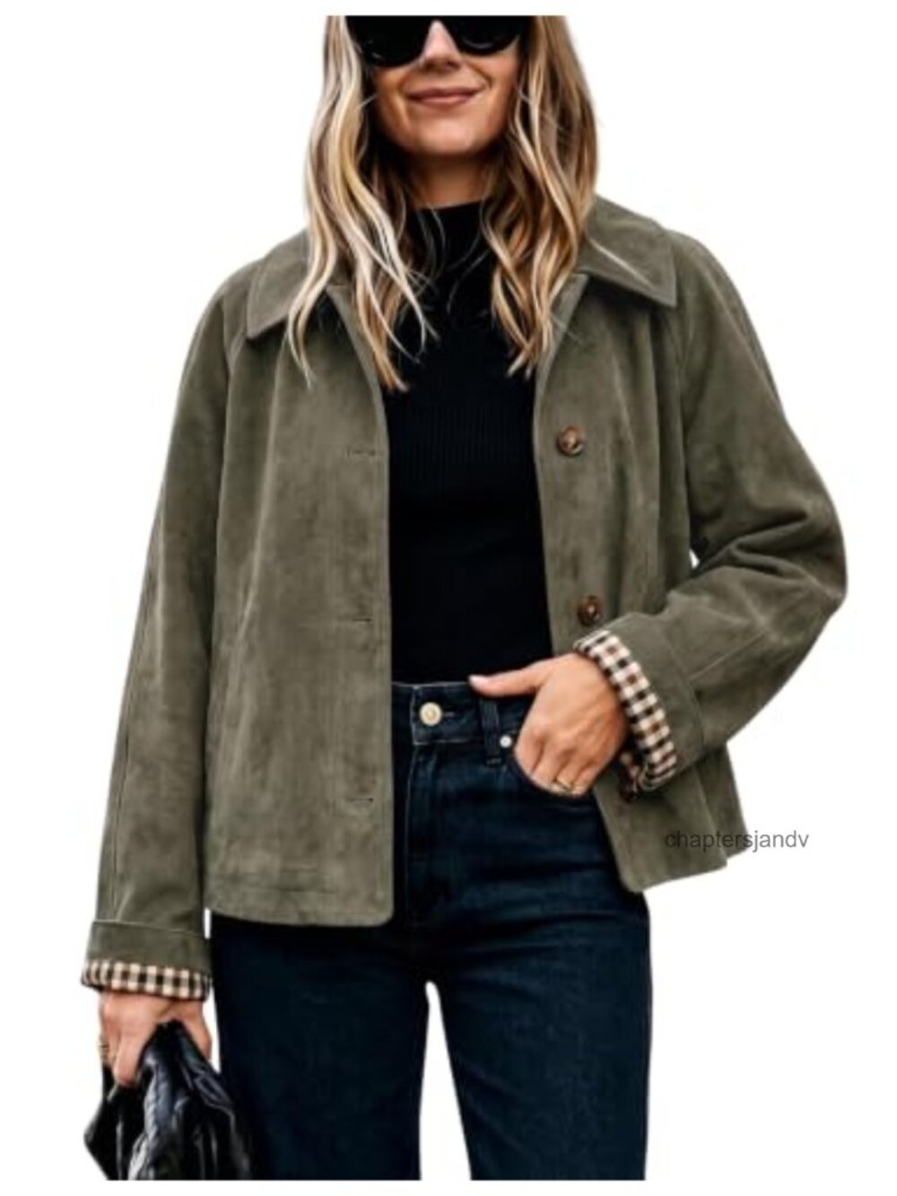 Faux Suede Cropped Trench Coat Plaid Lining Button Front